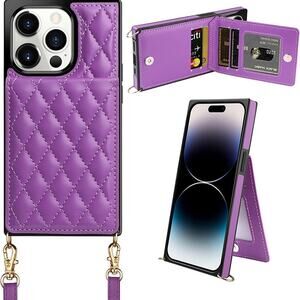 iPhone 14 Pro Case, Crossbody Wallet, Quilted Leather, Purple